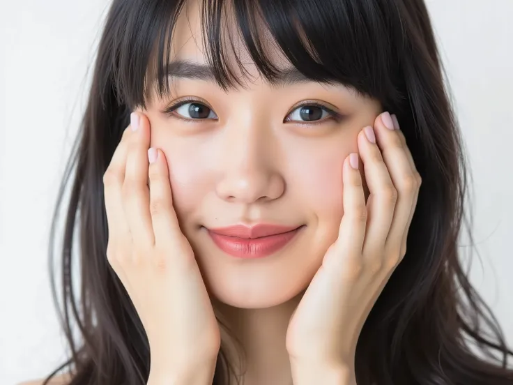 (Refined from an old photo, recreated in a modern, ultra high-quality photorealistic style, with a trendy Reiwa-era hairstyle: soft semi-long hair with natural waves and airy see-through bangs), 
Ultra photorealistic close-up portrait of a beautiful Japane...
