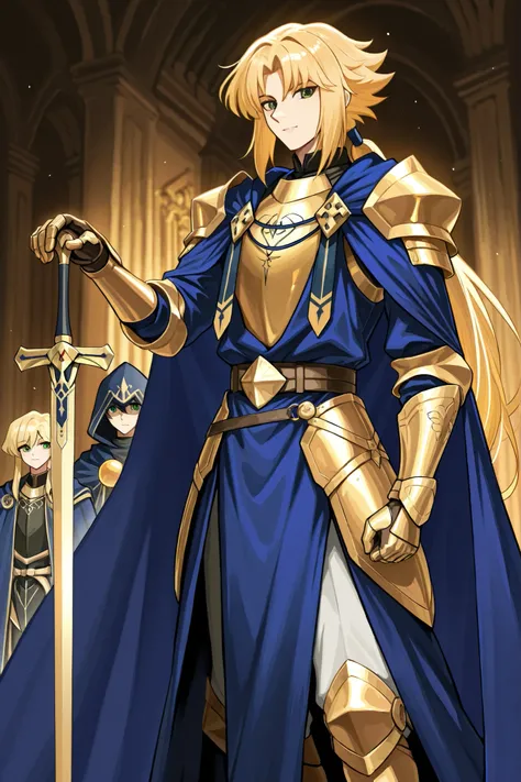 jadenyuki,Man, elegant, with luxurious clothes, appearance of an honorable knight with flowing blond hair, medium length and tied in a long ponytail, with golden ornaments on his clothes where beneath the blue cloak is a gleaming armor, green eyes