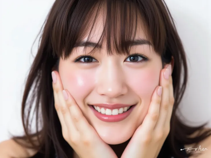 (Refined from an old photo, recreated in a modern, ultra high-quality photorealistic style, with a trendy Reiwa-era hairstyle: soft semi-long hair with natural waves and airy see-through bangs),
Ultra photorealistic close-up portrait of a beautiful Japane...