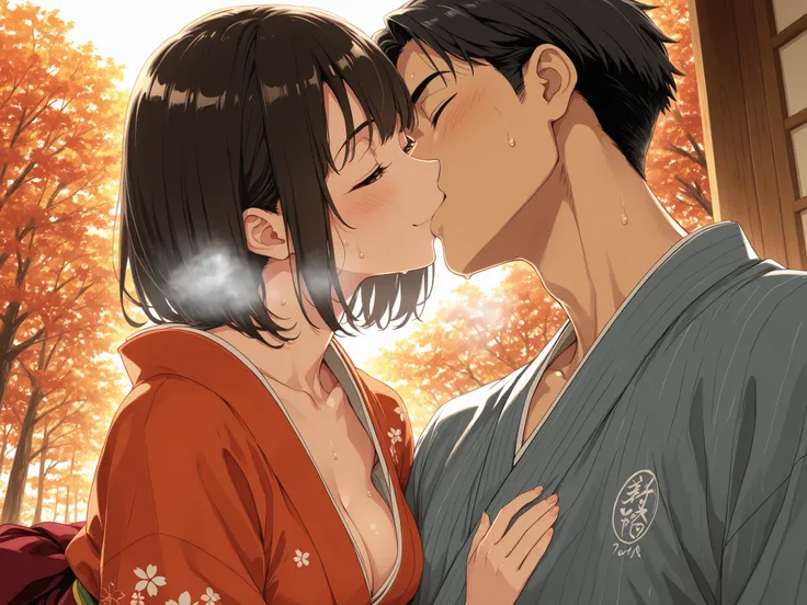 Woman in Japanese Kimono,和服, kimono,黒髪ロング,early 40s woman,early 30s man ,神社の境内 ,秋の紅葉, ultra-aesthetic, anime style, smile,{best quality}, {very aesthetic}, {ultra-detailed}, {best illustration},nsfw,秋,{{紅葉}},こちらを向く,胸をはだけずきちんと着物を着る, girl, being invited, aut...