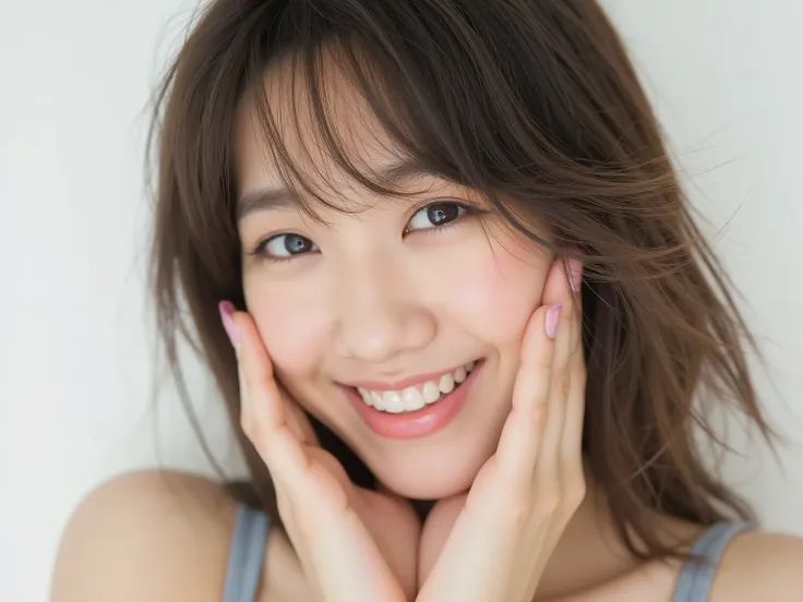 (Refined from an old photo, recreated in a modern, ultra high-quality photorealistic style, with a trendy Reiwa-era hairstyle: soft semi-long hair with natural waves and airy see-through bangs),
Ultra photorealistic close-up portrait of a beautiful Japane...