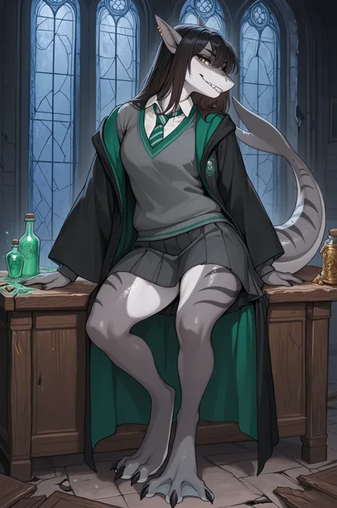 hogwarts uniform, slytherin, black robe, necktie, striped necktie, collared shirt, sweater, pleated skirt, grey sweater,,masterpiece, high quality, best quality, anthro shark girl, 18 years old, grey body, dark stripes pattern, white belly, shoulder-lengt...