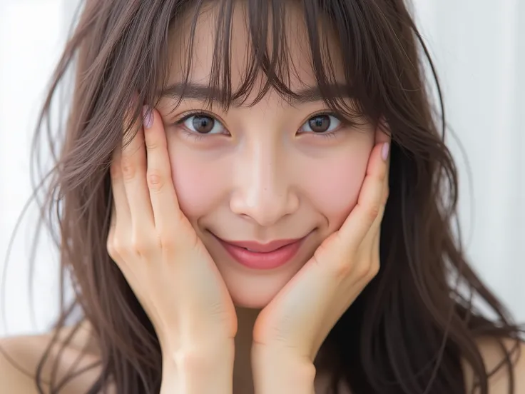 (Refined from an old photo, recreated in a modern, ultra high-quality photorealistic style, with a trendy Reiwa-era hairstyle: soft semi-long hair with natural waves and airy see-through bangs), 
Ultra photorealistic close-up portrait of a beautiful Japane...