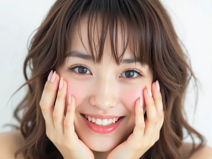 (Refined from an old photo, recreated in a modern, ultra high-quality photorealistic style, with a trendy Reiwa-era hairstyle: soft semi-long hair with natural waves and airy see-through bangs), 
Ultra photorealistic close-up portrait of a beautiful Japane...
