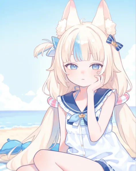 front viewer, 8k, watercolor style, ((pastel colors, soft colors)), (masterpiece), upper body, hyper detailed, best quality, sameko saba, detailed nose, small lolita, wide waist, hand on face, cat ears, background beach, sitting,