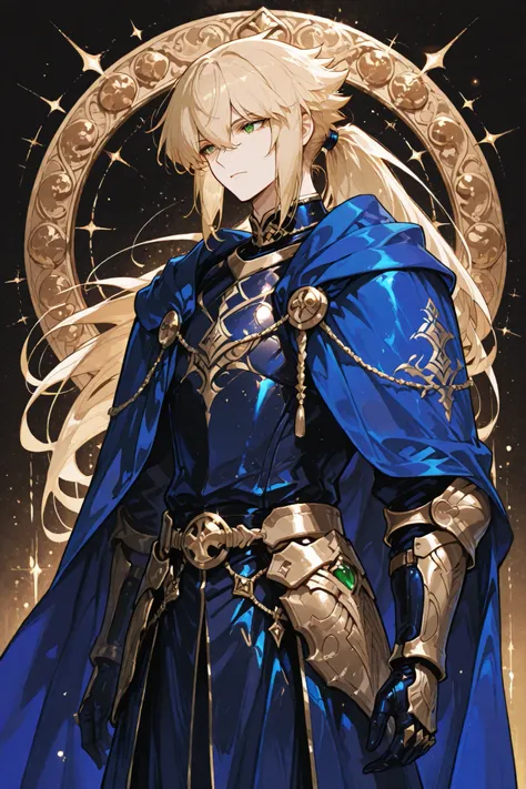jadenyuki,Man, elegant, with luxurious clothes, appearance of an honorable knight with flowing blond hair, medium length and tied in a long ponytail, with golden ornaments on his clothes where beneath the blue cloak is a gleaming armor, green eyes
