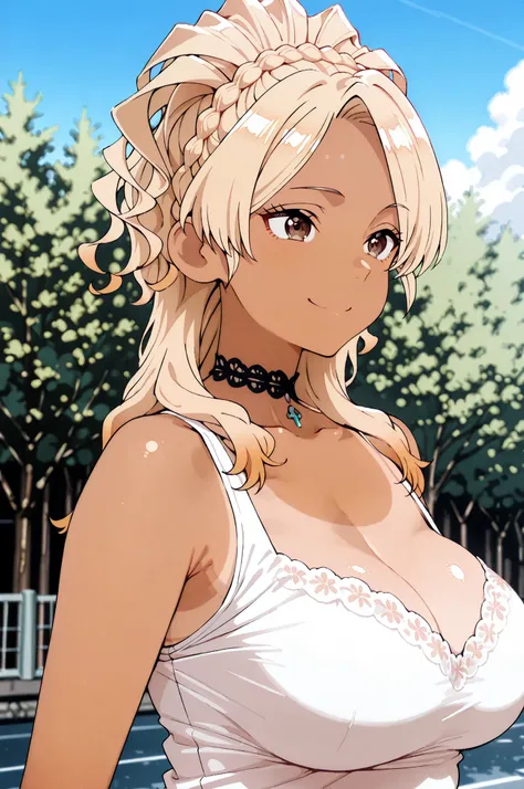 tanlines,1cute girl,solo,alone,yamamotowz,blonde hair, brown eyes, crown braid, large breasts, gyaru, dark skin, dark-skinned female, fantastic artwork, anime stle, anime style colors, 8k, (Masterpiece:1.3), top quality, highly detailed illustrations, (per...