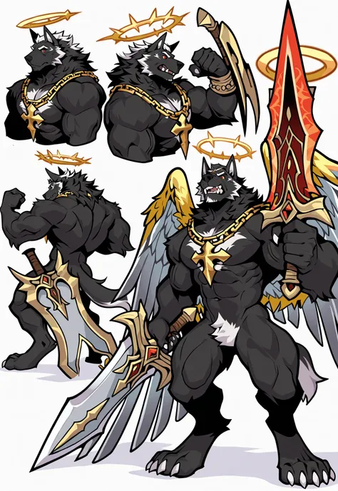 Experienced furry character reference sheet adoptable for Dynewulf, masterpiece , modern day alternate universe, white background, full body, multiple views , best quality , masterpiece , masculine , character sheet , dungeon & dragons , visual novel , fea...