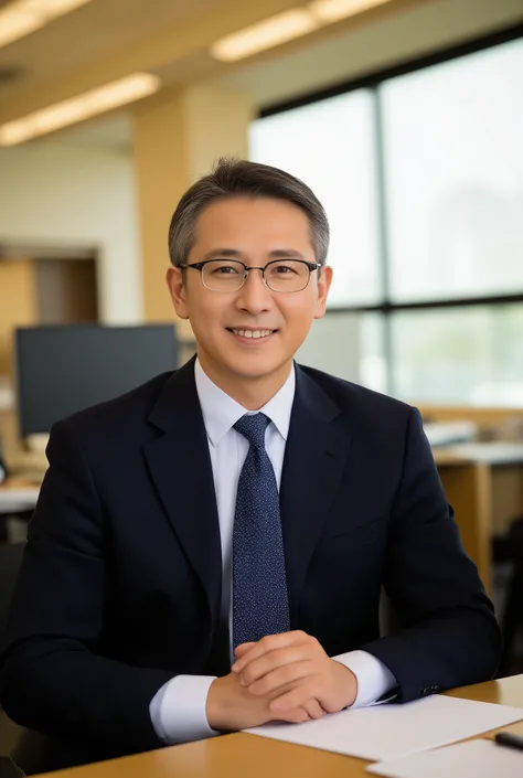 45 years old、Japanese、 male、Labor management personnel、suit smile、Office with background desks、light through the window