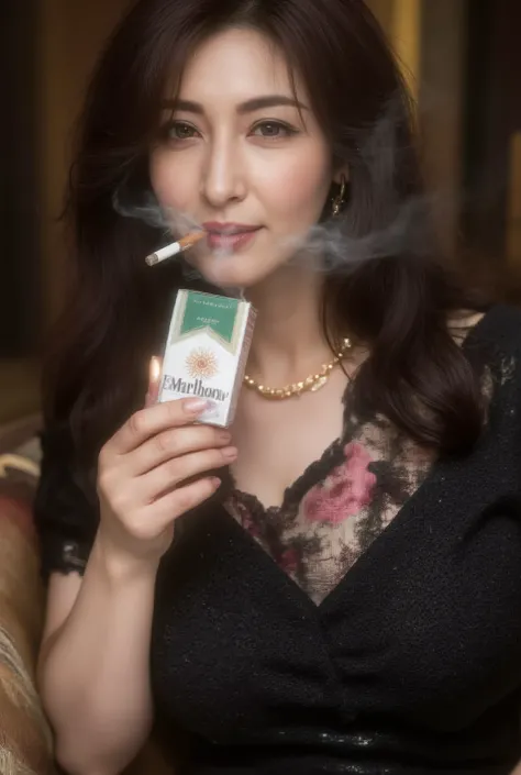 Beautiful 45 year old mature woman (smoking: 0.8), (holding a cigarette in her mouth), ((((hyper-realistic image of a green and white Marlboro Menthol box))), ((holding a Marlboro Menthol box in her hand)), ((holding a Marlboro Menthol box in her breast po...