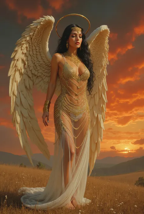 Surreal, otherworldly illustration against a dark elven sunset in the style of Karol Bak. A unique masterpiece. Gil Elvgren's angelic fantasy style, fantasy angelic image ((mid-ground)), black long hair, large natural breasts, full body, graceful, piercing...