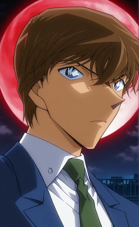 1male, solo, Light Yagami, brown hair, short hair, blue eyes, blue suit, white shirt, green necktie, muscle, rooftop, night, red moon, half-body portrait, Detective Conan Style