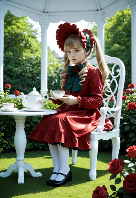 score_9, score_8_up, score_7_up, masterpiece, best quality, ultra-detailed, very aesthetic, absurdres, (photorealistic), solo, 1 girl, Shinku, child, blonde long twintails with drill sidelocks, red frilled bonnet, blue eyes, lolita fashion, red frilled dre...