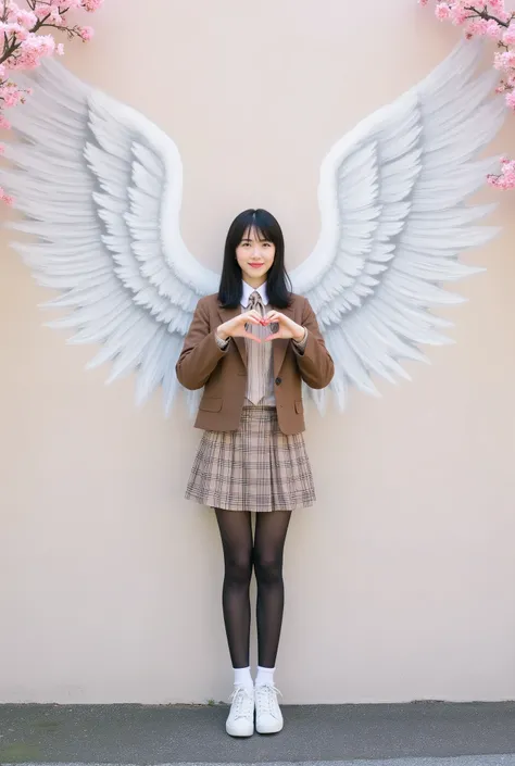 a realistic image of a full body shot of 1 Japanese cute skinny young woman, a wall is standing as a photo zone, large and very beautiful fully spread white angel wings are painted on the wall, the woman is taking photo in front of the painted wings on the...