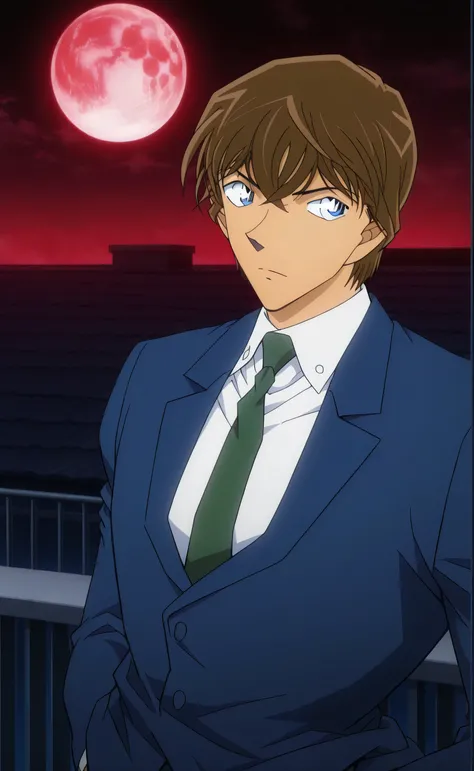 1male, solo, Light Yagami, brown hair, short hair, blue eyes, blue suit, white shirt, green necktie, hand in pocket, muscle, rooftop, night, red moon, portrait, Detective Conan Style