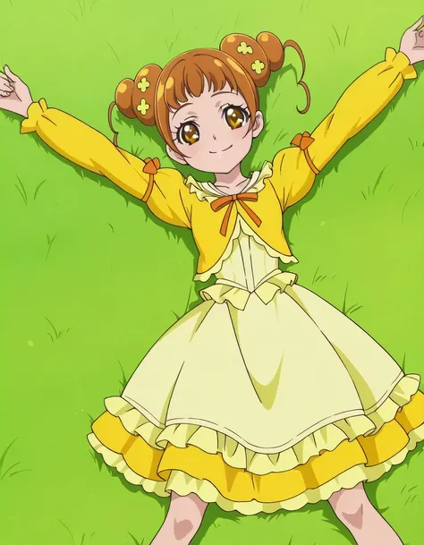 Alice, brown_hair, hair bun, double bun, hair_ornaments, brown eyes, small breasts, yellow shirt, dress,  anime screencap, high quality, solo, lying, on back, arms up, legs apart, closed mouth,  grass, cowboy shot, looking at viewer, smile, best quality