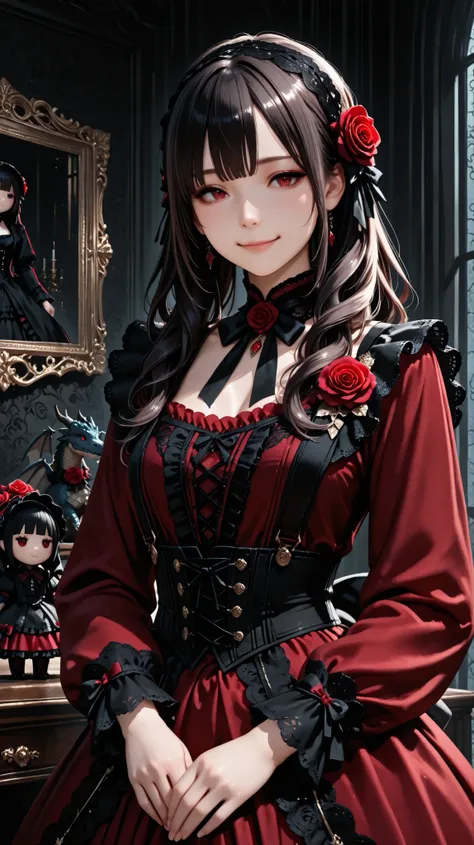 cute girl with swirling hair on the right, wearing a red dress , Little Dragon in a black tuxedo , intricate lace and frills , victorian costume , big roses , cute gothic doll , intricate lace and frills , Dark color scheme, Elegant and detailed...