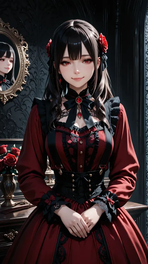 cute girl with swirling hair on the right, wearing a red dress , Little Dragon in a black tuxedo , intricate lace and frills , victorian costume , big roses , cute gothic doll , intricate lace and frills , Dark color scheme, Elegant and detailed...