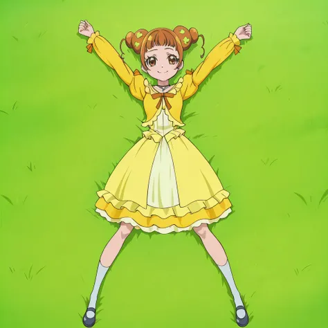 Alice, brown_hair, hair bun, double bun, hair_ornaments, brown eyes, small breasts, yellow shirt, dress,  anime screencap, high quality, solo, lying, on back, arms up, legs apart, closed mouth, grass, full body, looking at viewer, smile, best quality