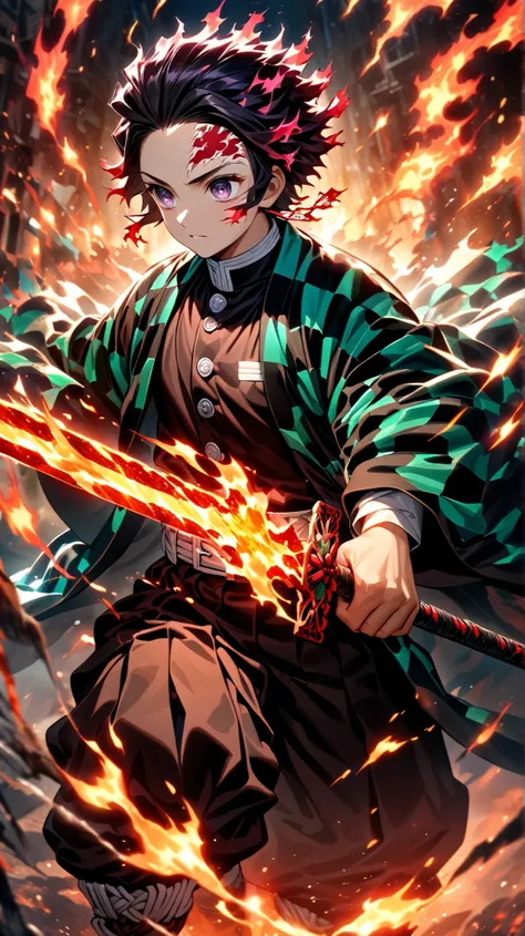 symmetrical,absurd, highres, ultra detailed , HDR, masterpiece , extremely detailed face and purple eyes, Tanjiro Kamado, Kimetsu no Yaiba,, black hair , , Alone, man, handsome , on the forehead ,, , epic battle scene , fiery red lightning effect , ...