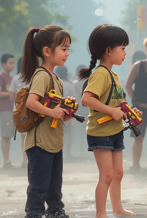 Two girls, 17 years old, one tied a ponytail, the other a pigtail, the one tied a ponytail, put on a T-shirt with long pants, the one braided, put on a T-shirt, put on shorts, both carrying a water spray gun, ready to go to play Songkran.