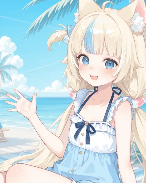 front viewer, 8k, watercolor style, ((pastel colors, soft colors)), (masterpiece), close-up upper body, hyper detailed, best quality, girl, blue eyes, blonde hair, blue hair, very long hair, streaked hair, ahoge, blunt bangs, low twintails, one side up, ha...