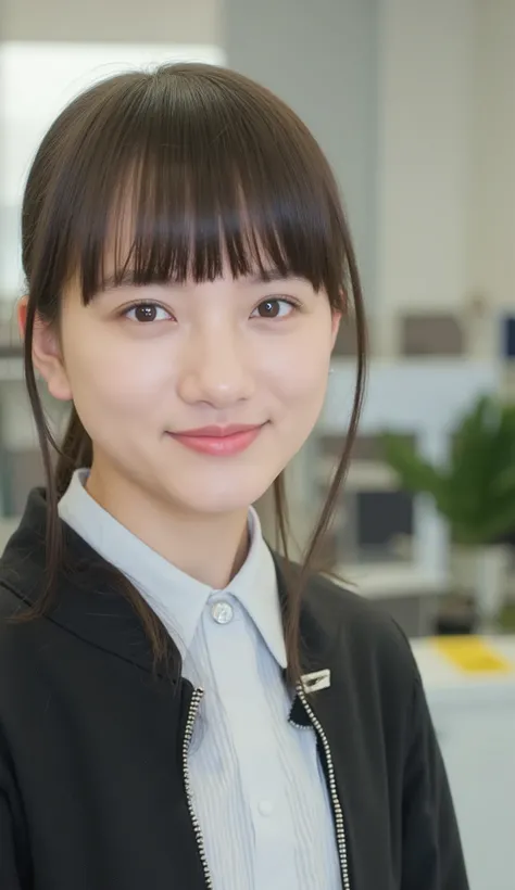 Neat Young Woman、office lady suit in office room、jacket、shirt、Ear piercings、looking at the camera、hairstyle semi-long、 pale brown hair、smile showing teeth、The background is office