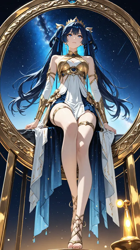 ((solo)), ((1girl)), looking up shot from a low angle, Dynamic perspective distortion, legs and feet arranged prominently in the foreground, background face, long, straight, dark blue hair tied with tall twin tails, golden hair ornaments and crown-like acc...