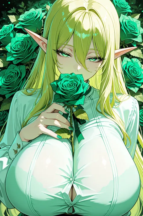 masterpiece, best quality, newest, 1girl, elf, looking at viewer, holding a big green rose, blonde hair, white shirt, nail polish, mint green eyes, eyelashes, long sleeves, blonde hair, hand up, hair between eyes, half-closed eyes, green theme, gigantic br...
