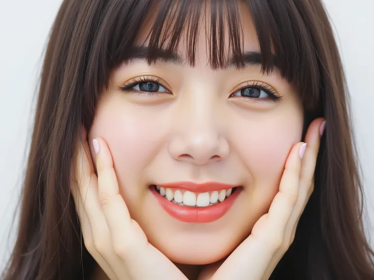 (Refined from an old photo, recreated in a modern, ultra high-quality photorealistic style, with a trendy Reiwa-era hairstyle: soft semi-long hair with natural waves and airy see-through bangs), 
Ultra photorealistic close-up portrait of a beautiful Japane...