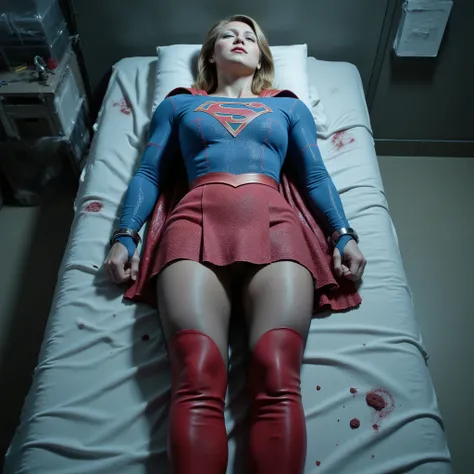 Supergirl is loss of conscious on the bed in the laboratory, she has a very bright white skin, can see whole body, She is wearing a Supergirl costume with a blue shirt, torn red skirt and torn thin black pantyhose, very short red skirt, torn clothes, red k...