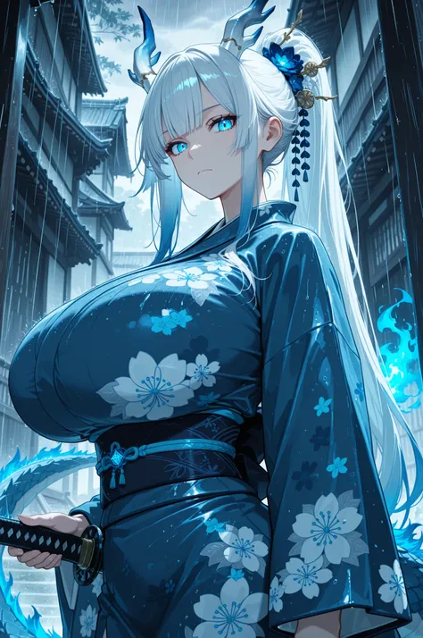 masterpiece,best quality,1girl,solo,absurdres,
1girl,weapon,sword,blue eyes,solo,horns,japanese clothes,kimono,tail,katana,ponytail,white hair,looking at viewer,rain,bangs,hair ornament,glowing,sash,dragon girl,long sleeves,floral print,dragon tail,closed ...