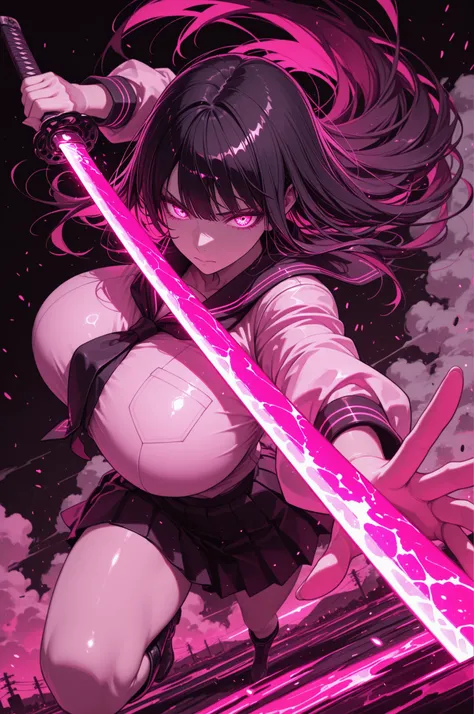 (((Masterpiece))), top Quality, dynamic composition, 1girl, hand on katana, unsheathing, school uniform, solo, black hair, looking at viewer, bangs,  fuchsia eyes, long hair, closed mouth, embers, black background, boots, dynamic pose, dutch angle,foreshor...