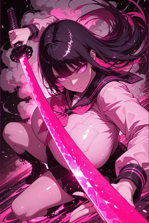 (((Masterpiece))), top Quality, dynamic composition, 1girl, hand on katana, unsheathing, school uniform, solo, black hair, looking at viewer, bangs,  fuchsia eyes, long hair, closed mouth, embers, black background, boots, dynamic pose, dutch angle,foreshor...
