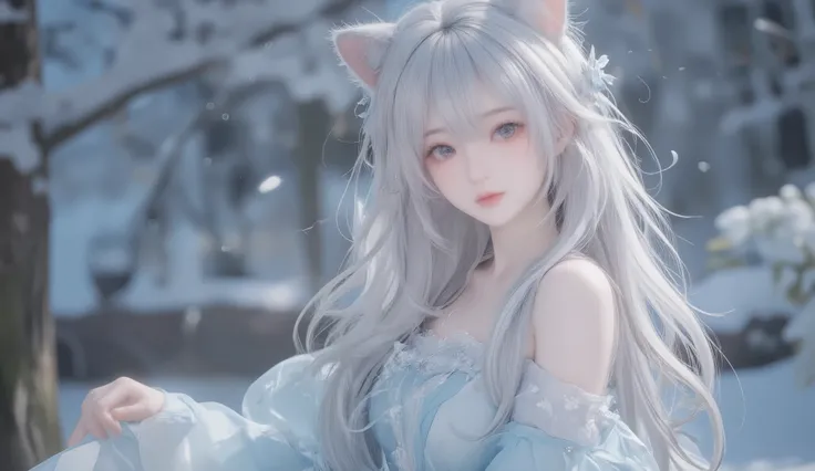 ( Highest Quality :1.4), (masterpiece:1.4), ultra high res, 8k, CG, exquisite, The Promise of : upper body , lonely,detailed facial features, almond eye, Detailed Eye Makeup, Long Rush, delicate lip detail, Gentle and harmonious style ,Silvery white hai...