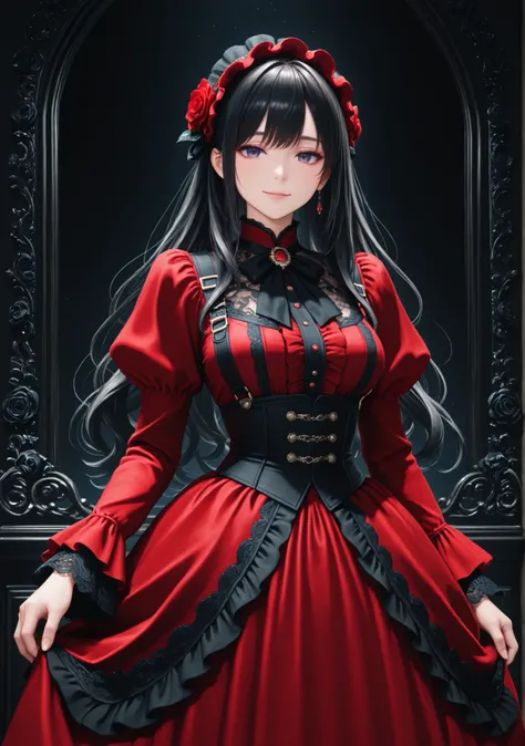 cute girl with swirling hair on the right, wearing a red dress , Little Dragon in a black tuxedo , intricate lace and frills , victorian costume , big roses , cute gothic doll , intricate lace and frills , Dark color scheme, Elegant and detailed...