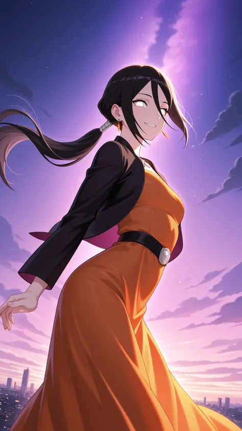 BREAK (masterpiece:1.2),Anime-style New York-inspired city at sunset. Skyscrapers reflect warm orange and deep purple light from the glowing sky. Bridges stretch across a wide river, their silhouettes highlighted against dramatic clouds. The city feels maj...