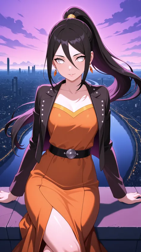 BREAK (masterpiece:1.2),Anime-style New York-inspired city at sunset. Skyscrapers reflect warm orange and deep purple light from the glowing sky. Bridges stretch across a wide river, their silhouettes highlighted against dramatic clouds. The city feels maj...