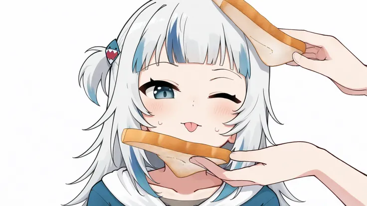 idiotsandwichalt,
1girl, 1other, gawr gura, solo focus,
holding food,
bread slice, pov hands, disembodied hand,
one eye closed,
upper body, collarbone,
blush, :p, tongue, tongue out, sweatdrop, dot nose,
white background, simple background,
looking at view...