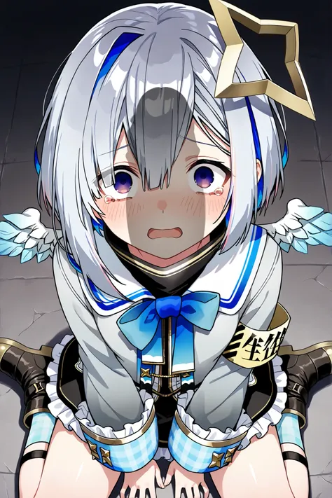 nsfw,((face shot)),Amane Kanata, aakanata, short hair, multicolored hair, grey hair, yellow halo, purple eyes, wings, turtleneck, white sailor collar, blue bowtie, grey jacket, long sleeves, frilled sleeves, armband, plaid, frilled skirt, black skirt, scar...