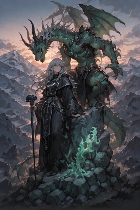 Masterpiece, classical expression, Traditional Fantasy, Using Stubborn Old Dragons, a stately expression, face with deep wrinkles engraved, Hairstyle with Braided Long Gray Hair, Ancient magician costume , Jeweled Cane, Scrolls and Spellbooks, Giant Jade D...