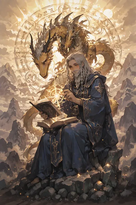 Artistic Description, detailed down to the smallest detail, Traditional Dragon Master, Dignified Old Magician, Long Gray Hair and Braided Beard, Blue Robe with Ancient Embroidery, Rune Decorations, Magic Wand and Old Book of Magic, Giant Golden Dragon, How...