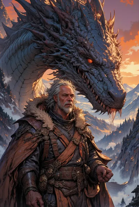 An epic and cinematic portrait of an Old School Dragon Tamer, a grizzled and weathered human man in his 60s, with a scarred face and a steely, knowing gaze. He wears heavily worn, practical leather armor, stitched with thick threads and reinforced with pat...