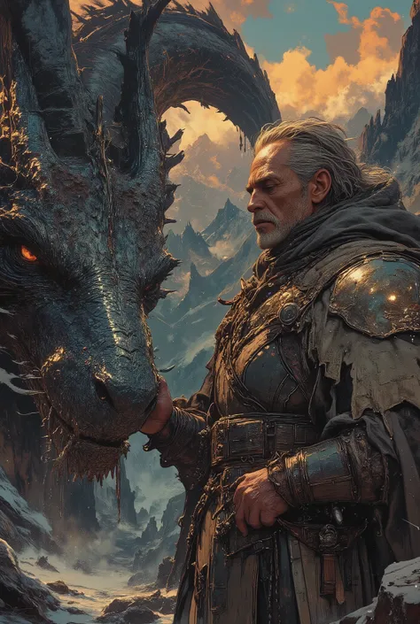 An epic and cinematic portrait of an Old School Dragon Tamer, a grizzled and weathered human man in his 60s, with a scarred face and a steely, knowing gaze. He wears heavily worn, practical leather armor, stitched with thick threads and reinforced with pat...