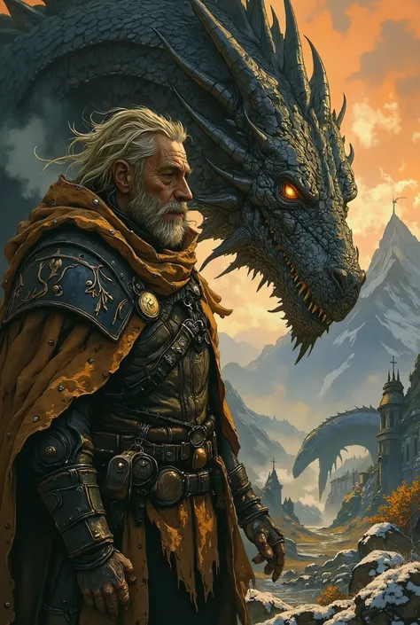 An epic and cinematic portrait of an Old School Dragon Tamer, a grizzled and weathered human man in his 60s, with a scarred face and a steely, knowing gaze. He wears heavily worn, practical leather armor, stitched with thick threads and reinforced with pat...