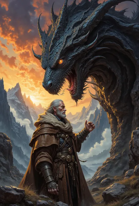 An epic and cinematic portrait of an Old School Dragon Tamer, a grizzled and weathered human man in his 60s, with a scarred face and a steely, knowing gaze. He wears heavily worn, practical leather armor, stitched with thick threads and reinforced with pat...