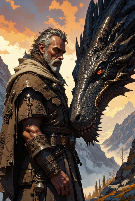 An epic and cinematic portrait of an Old School Dragon Tamer, a grizzled and weathered human man in his 60s, with a scarred face and a steely, knowing gaze. He wears heavily worn, practical leather armor, stitched with thick threads and reinforced with pat...
