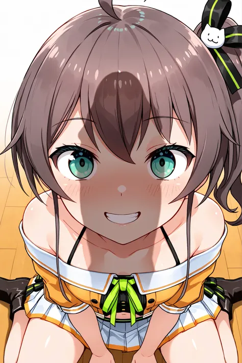 nsfw,((face shot)),Natsuiro Matsuri, namatsuri, 1girl, grin,face shot,wariza,shippshadow, penis shadow,small penis,from above,high  quality,high  detailed,masterpiece