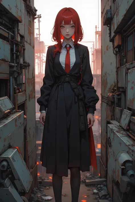one girl showing her chest、Japanese high school girl、Red Shorthairs、uniform、Simple Glowing Background :1.2),8k,Fine Glow,Main,realistic,vivid,natural soft light,The magic witch Simple Glowing Background ,anime style,Full Body、Part of a mecha body、Ruins of ...
