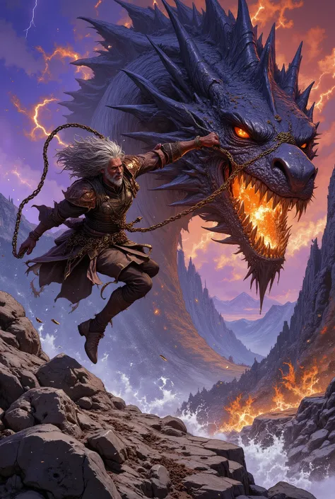 A dynamic, explosive action shot of an Old School Dragon Tamer, a grizzled and scarred veteran in his 60s with a wild, determined glare. He is leaping from a rocky outcrop, his tattered leather cloak and grey hair whipped by the wind. His body is coiled in...